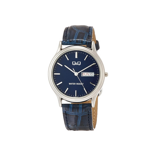 Citizen Q&Q A204-302 Men's Wristwatch, Analog Waterproof, Date, Week, Leather Strap, Navy, Dial Color - Blue, Watch with date and day display
