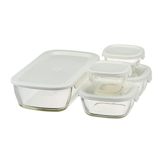 HARIO KSTL-3508-OW Stacking Heat-Resistant Glass Containers + Mini Square Small Bowls, Set of 5