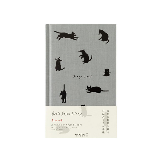 Midori 22377006 Book-style Diary, 2026, B6 Variation, Weekly Cat Pattern, Gray (Begins January 2026)