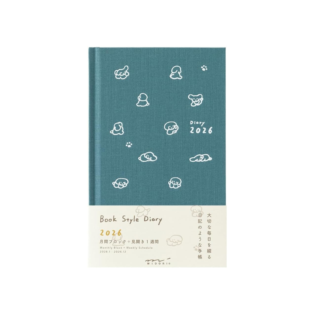 Midori 22380006 Book-style Diary, 2026, B6 Variation, Weekly Dog Pattern, Teal (Begins January 2026)