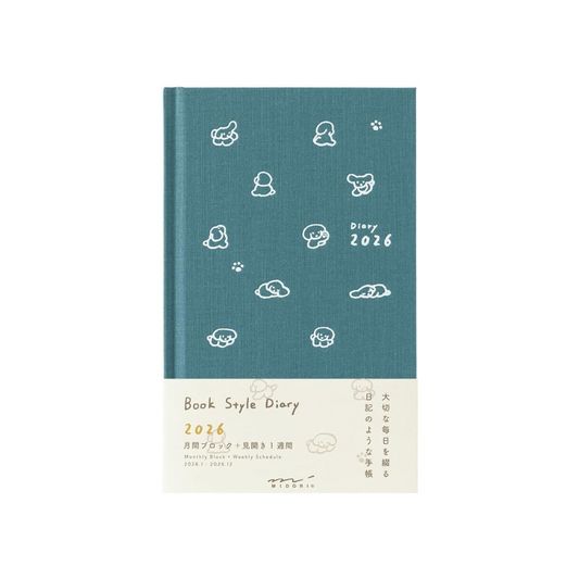 Midori 22380006 Book-style Diary, 2026, B6 Variation, Weekly Dog Pattern, Teal (Begins January 2026)