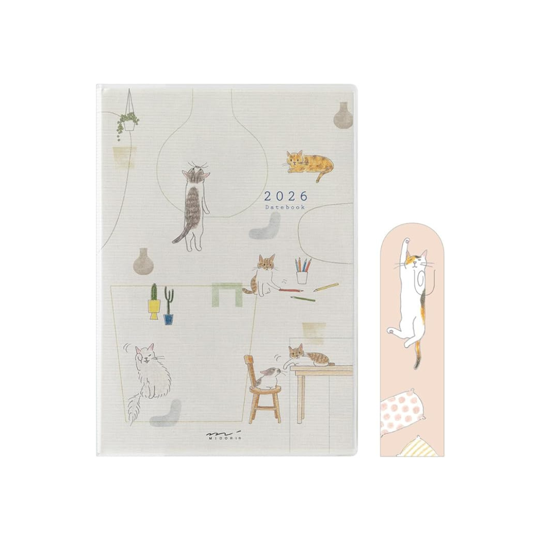 Midori 22373006 Pocket Diary, 2026, Weekly Limited Edition, Includes Bookmark, Cat Pattern (Begins January 2026)