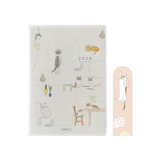 Midori 22373006 Pocket Diary, 2026, Weekly Limited Edition, Includes Bookmark, Cat Pattern (Begins January 2026)