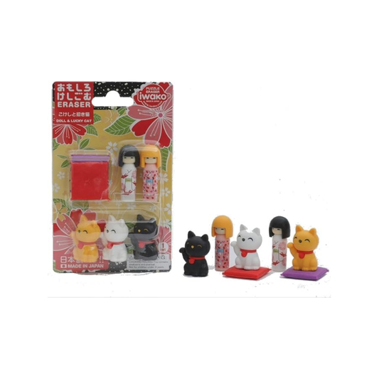 Iwako Kokeshi and Maneki-neko Erasers, 10-Piece Blister