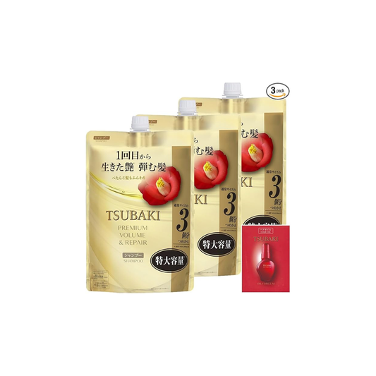 TSUBAKI Shampoo Refill, 30.4 fl oz (900 ml) x 3 + Free [Premium Volume & Repair] Fluffy Oil Force Bouncy Gloss Hari Koshi