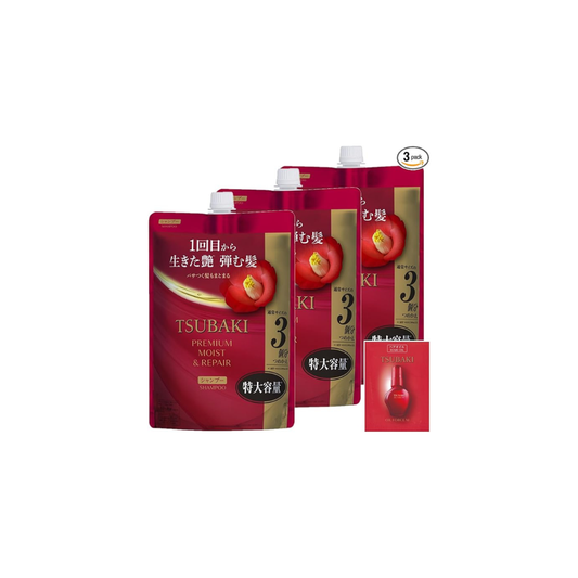TSUBAKI Shampoo Refill, 30.4 fl oz (900 ml) x 3 + Special [Premium Moist & Repair] Glossy, Oil Force, Moisturizing, Bulk Drying, UV Ray