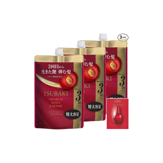 TSUBAKI Conditioner Refill, 30.4 fl oz (900 ml) x 3 + Special [Premium Moist & Repair] Glossy, Oil Force, Moisturizing, Bulk Drying, UV Ray