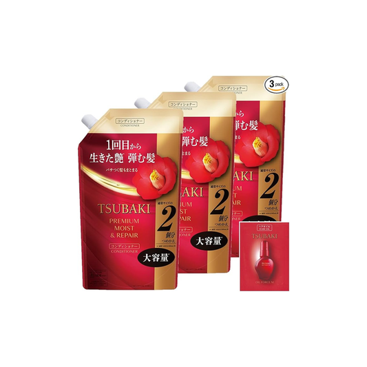 TSUBAKI Conditioner Refill, 20.3 fl oz (600 ml) x 3 + Special [Premium Moist & Repair] Glossy, Oil Force, Moisturizing, Bulk Drying, UV Ray
