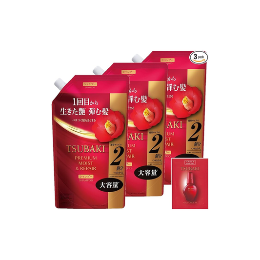 TSUBAKI Shampoo Refill, 20.3 fl oz (600 ml) x 3 + Special [Premium Moist & Repair] Glossy, Oil Force, Moisturizing, Bulk Drying, UV Ray