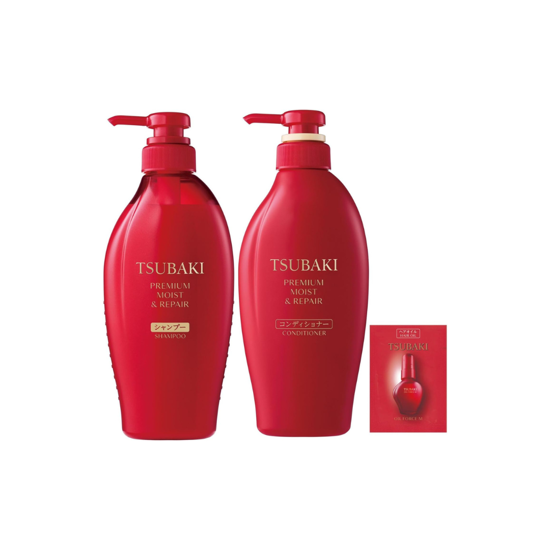TSUBAKI Shampoo Conditioner Set Bottle + Free [Premium Moist & Repair] Glossy, Oil Force, Moisturizing, Cohesion, Drying, UV Ray