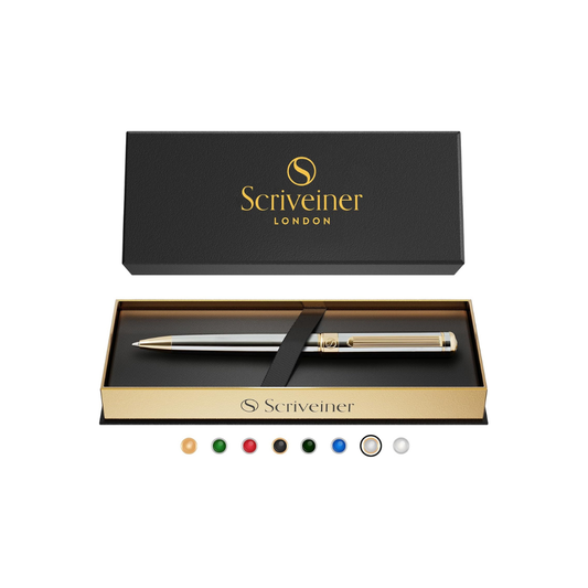 Scriveiner Silver Chrome Ballpoint Pen, Premium 24k Gold Finish, Schmid