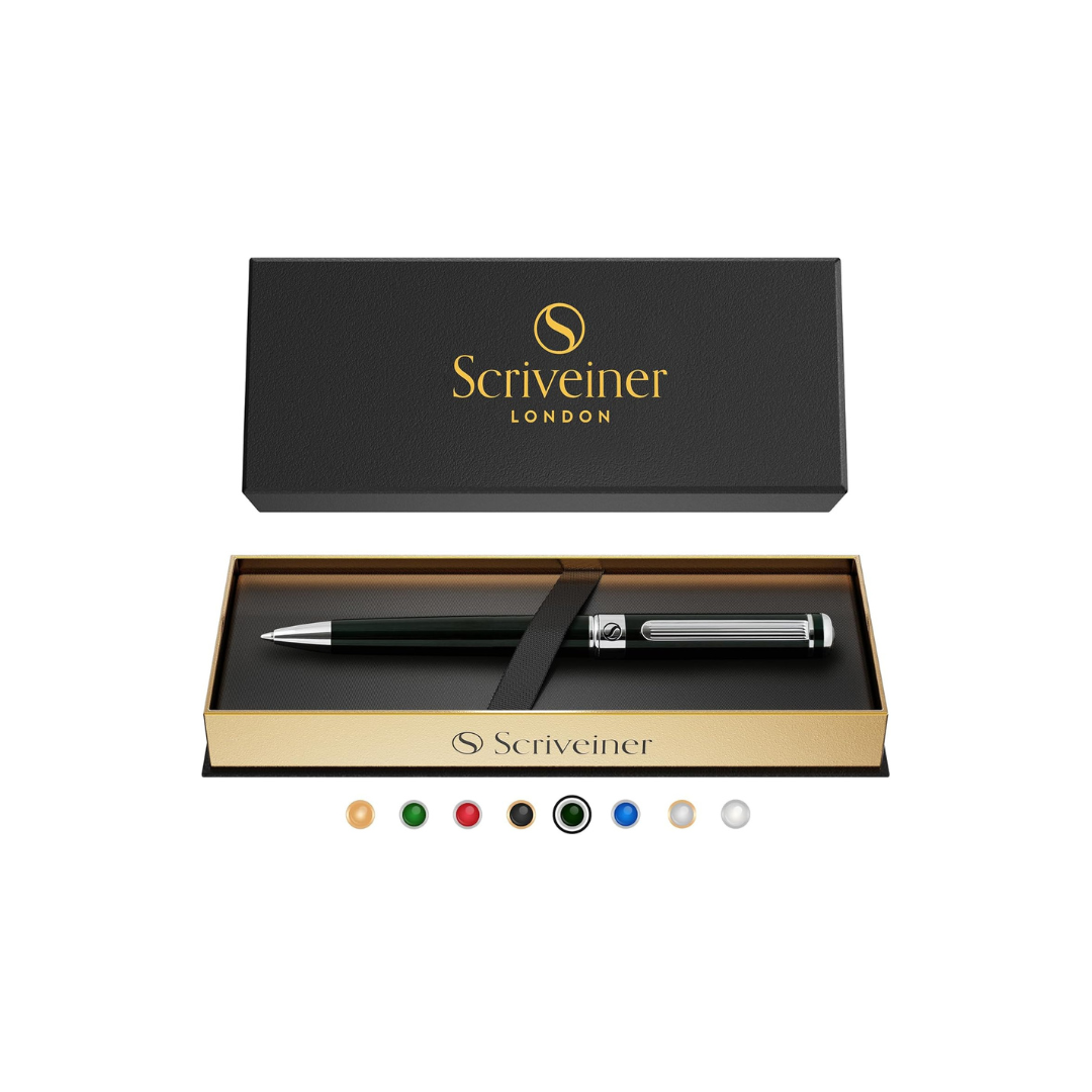 Scriveiner Green Ballpoint Pen - Attractive British Racing Green Fine Pen, Chrome Finish, Schmidt Black Refill, Scriveiner Black Green Ballpoint Pen