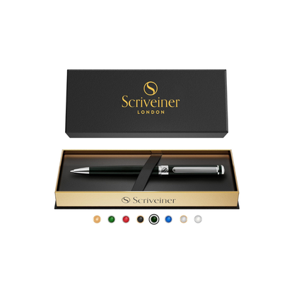 Scriveiner Green Ballpoint Pen - Attractive British Racing Green Fine Pen, Chrome Finish, Schmidt Black Refill, Scriveiner Black Green Ballpoint Pen