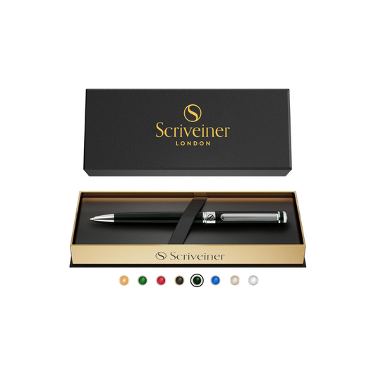 Scriveiner Green Ballpoint Pen - Attractive British Racing Green Fine Pen, Chrome Finish, Schmidt Black Refill, Scriveiner Black Green Ballpoint Pen