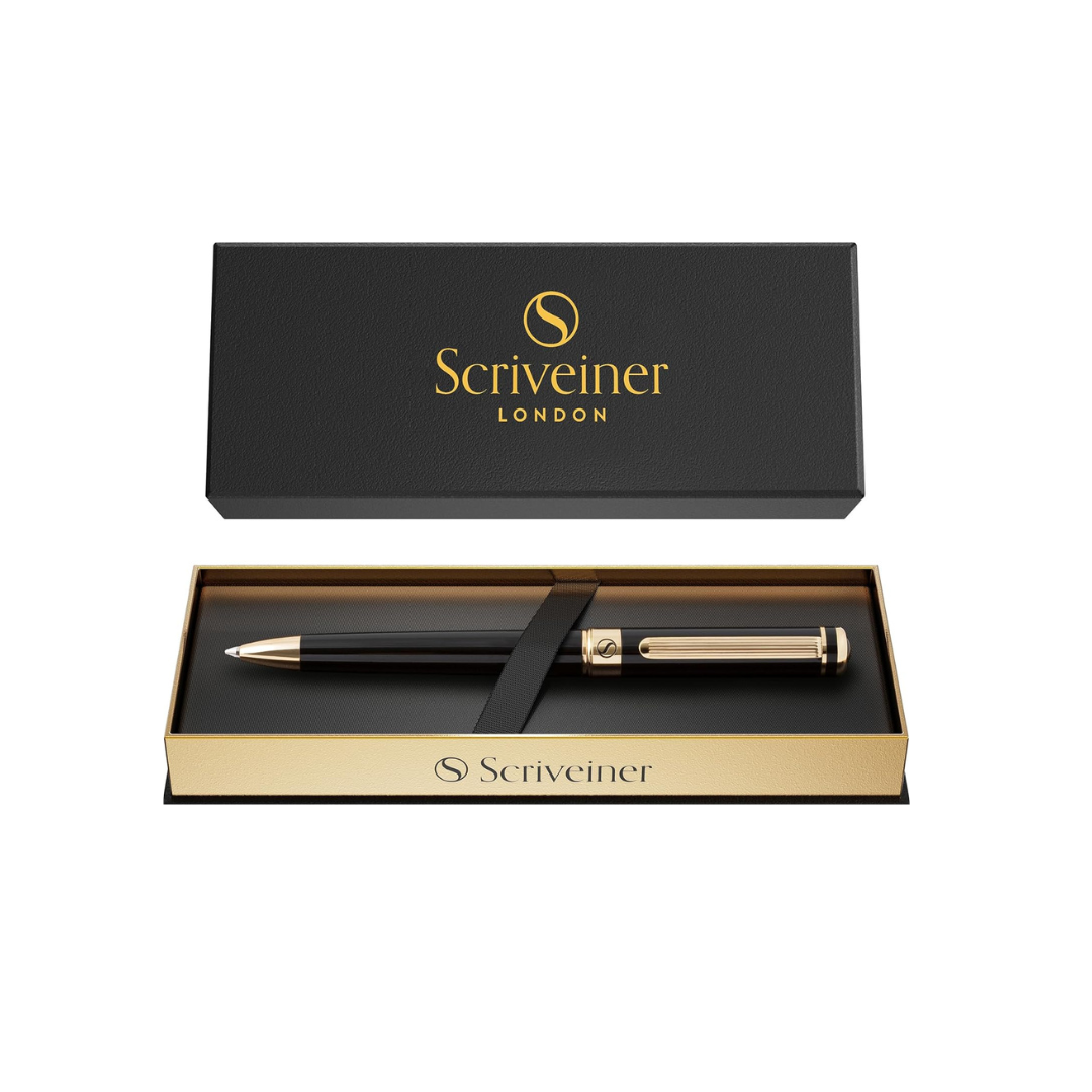 Scriveiner Black Lacquer Ballpoint Pen, Premium 24k Gold Finish, Schmid