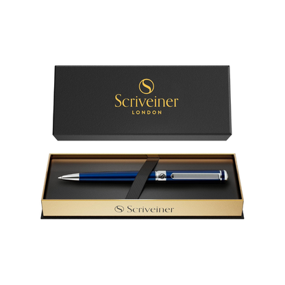 Scriveiner Ballpoint Pen, Premium Chrome Finish, Schmidt Black Refill, Best Ballpoint Pen Gift Set, Perfect for Men and Women, Businessman, Executive Office, Nice Designer (Blue)