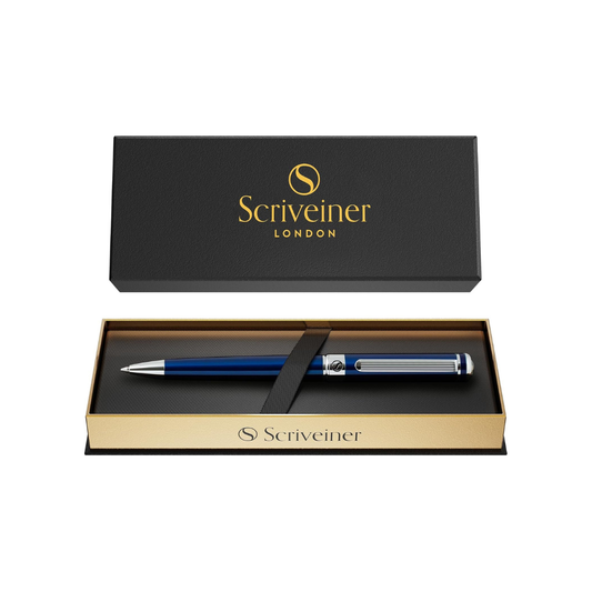 Scriveiner Ballpoint Pen, Premium Chrome Finish, Schmidt Black Refill, Best Ballpoint Pen Gift Set, Perfect for Men and Women, Businessman, Executive Office, Nice Designer (Blue)