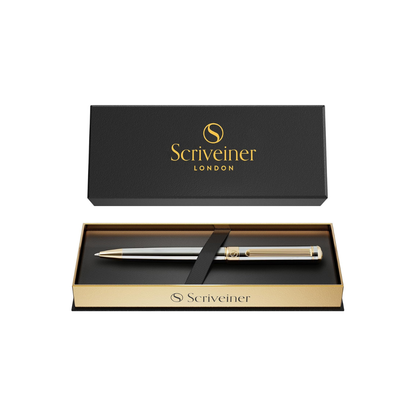 Scriveiner Ballpoint Pen, Premium Real Gold Plating, Schmidt Black Refill Included. Ideal Ballpoint Pen Gift Set for Men, Women, Businessmen, Executives, and Office Use (Silver Chrome)