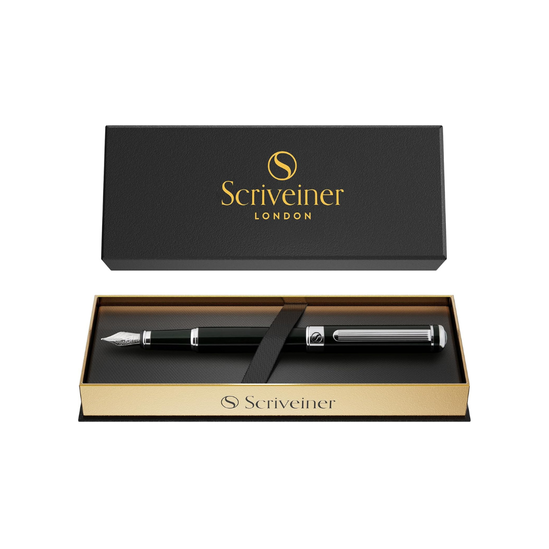 Scriveiner Black Green Fountain Pen - Stunning Luxury Pen with Chrome Finish, Schmidt Nib (Fine), Best Pen Gift Set for Men and Women, Perfect Pen for Professional, Executive and Office Black Green