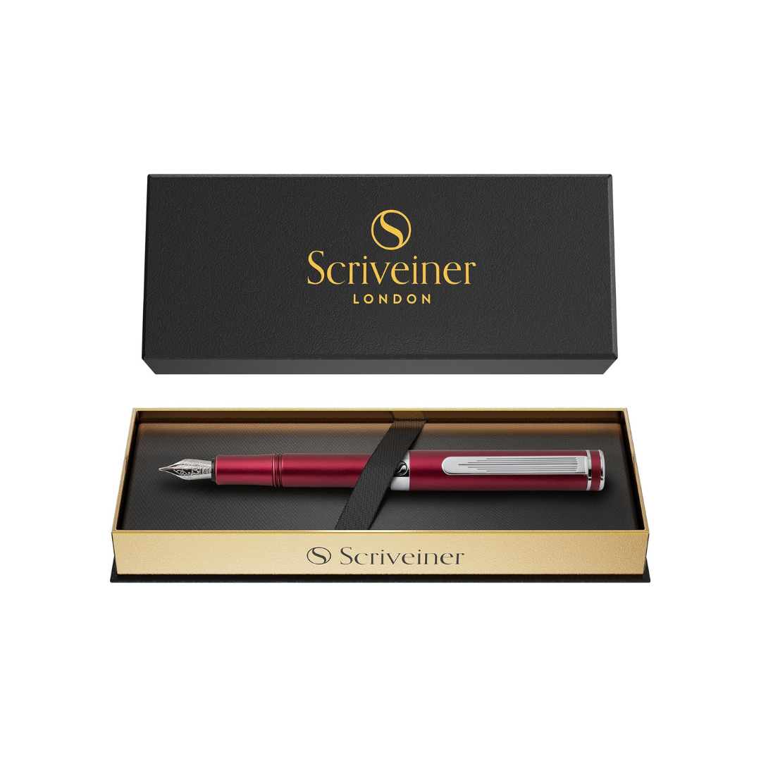 Scriveiner Premium EDC Fountain Pen Medium Point, Lovely Matte Red Pocket Pen, Chrome Finish, Schmidt Tip, Converter, Best Writing Instrument Gift Set for Men & Women, Nice Office Designer Pen