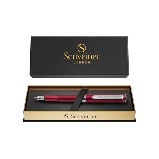 Scriveiner Premium EDC Fountain Pen Medium Point, Lovely Matte Red Pocket Pen, Chrome Finish, Schmidt Tip, Converter, Best Writing Instrument Gift Set for Men & Women, Nice Office Designer Pen