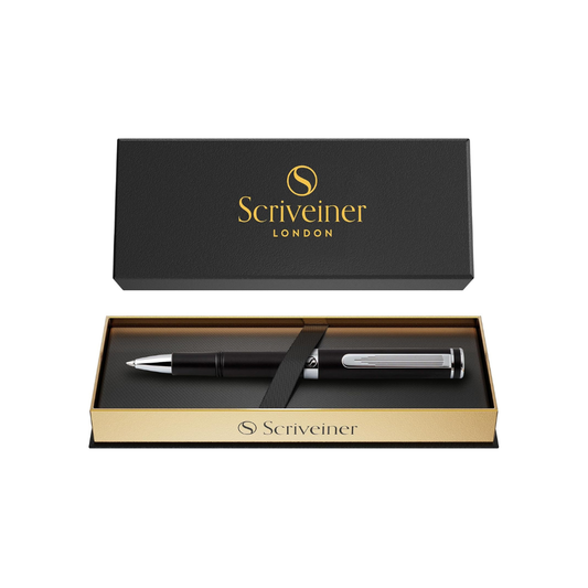 Scriveiner Black Rollerball EDC Luxury Pen, Stunning Pocket Pen with Chrome Finish, Cool Writing Pen, Best Pen Gift for Men & Women, German Schmidt Refill, Nice Present, Fancy Office Designer Pen Set
