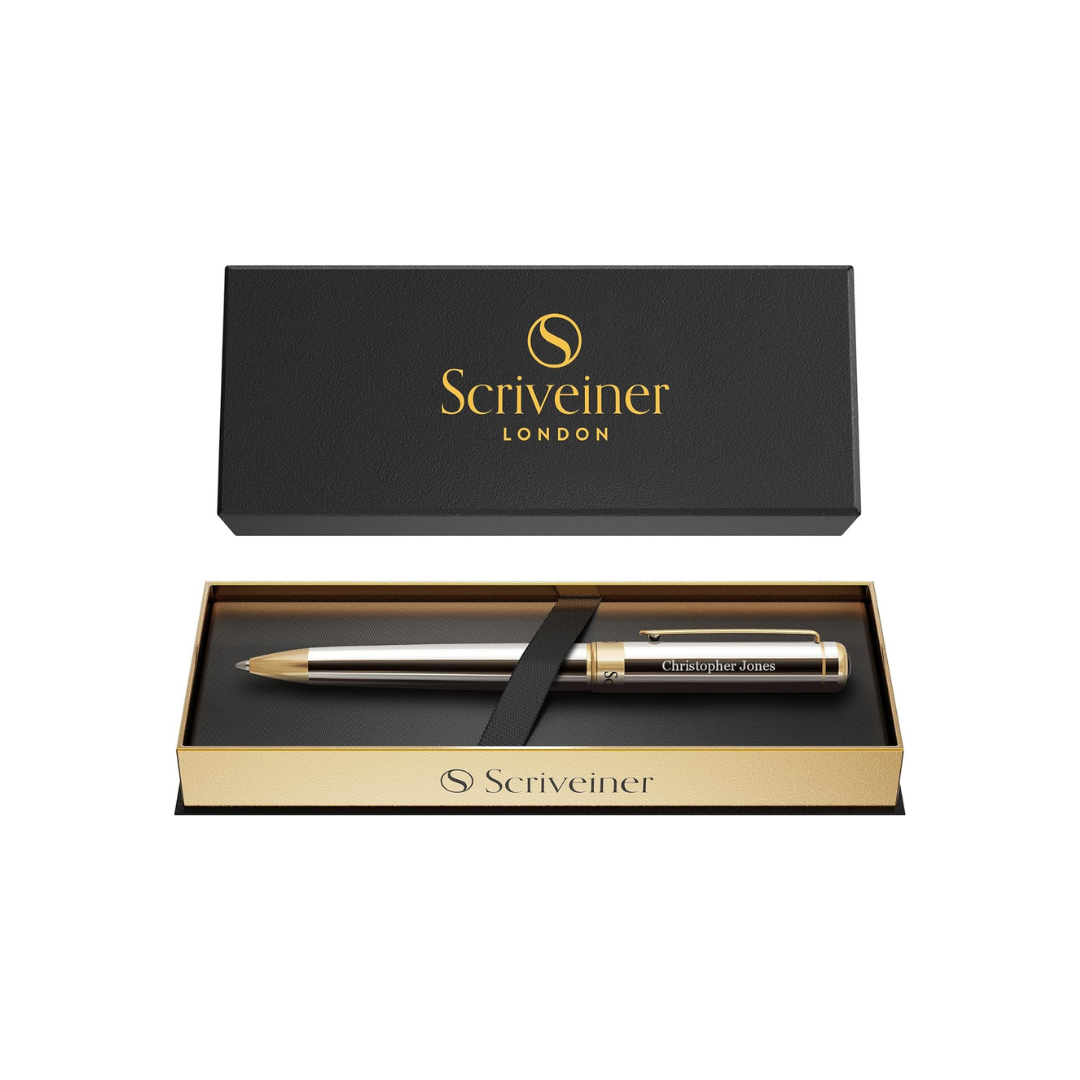 Scriveiner Silver Chrome Ballpoint Pen - Stunning Luxury Pen, 24K Gold Finish, Schmidt Ink Refill, Best Engraved Ballpoint Pen Gift Set for Men and Women, Custom Name Engraving, Custom Name Engraving,