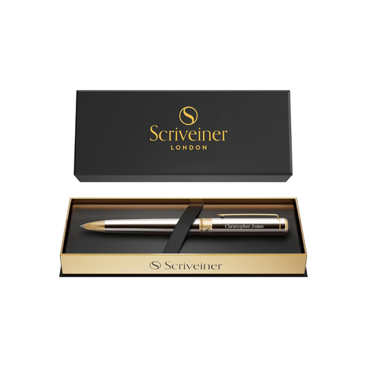 Scriveiner Silver Chrome Ballpoint Pen - Stunning Luxury Pen, 24K Gold Finish, Schmidt Ink Refill, Best Engraved Ballpoint Pen Gift Set for Men and Women, Custom Name Engraving, Custom Name Engraving,