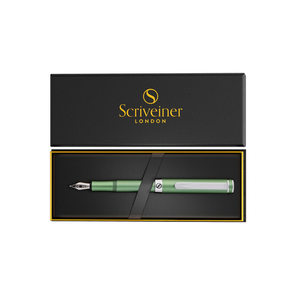 Scriveiner Premium EDC Fountain Pen Medium Point, Lovely Matte Green Pocket Pen, Chrome Finish, Schmidt Tip, Converter, Best Writing Instrument Gift Set for Men & Women, Nice Office Designer Pen