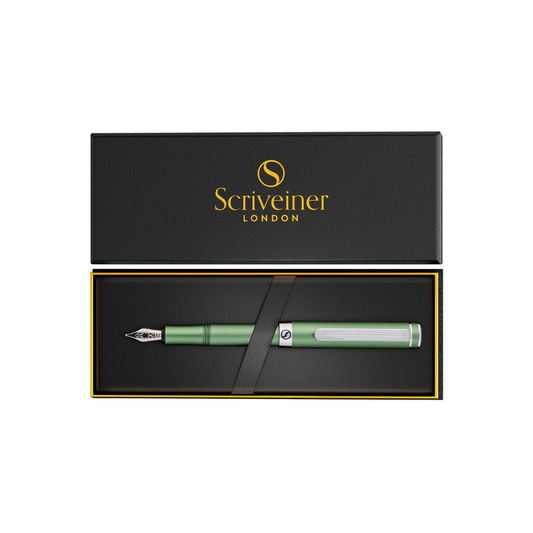 Scriveiner Premium EDC Fountain Pen Medium Point, Lovely Matte Green Pocket Pen, Chrome Finish, Schmidt Tip, Converter, Best Writing Instrument Gift Set for Men & Women, Nice Office Designer Pen