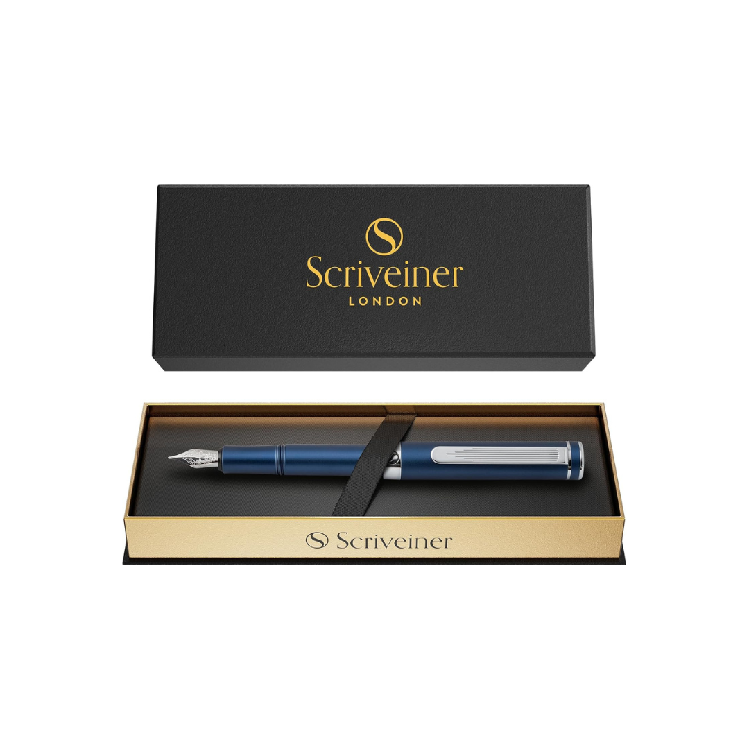 Scriveiner Premium EDC Fountain Pen Medium Nib Lovely Matte Blue Pocket Pen, Chrome Finish, Schmidt Tip, Converter, Best Writing Instrument Gift Set for Men & Women, Nice Office Designer Pen