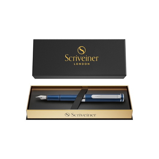 Scriveiner Premium EDC Fountain Pen Medium Nib Lovely Matte Blue Pocket Pen, Chrome Finish, Schmidt Tip, Converter, Best Writing Instrument Gift Set for Men & Women, Nice Office Designer Pen
