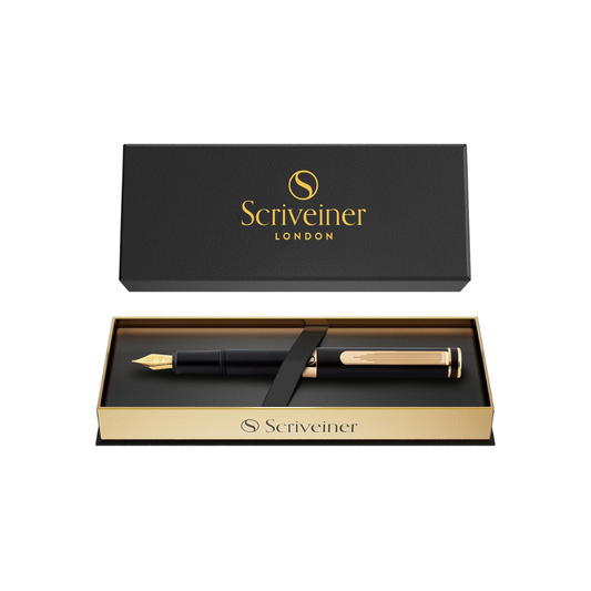 Scriveiner Luxury EDC Fountain Pen (Medium) Elegant Matte Black Pocket Pen 2-Chrome Finish Schmidt German Nib Converter Best Writing Pen Gift Set for Men and Women Elegant Stylish Office Designer