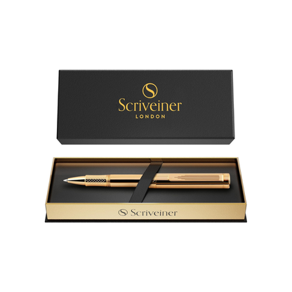 Scriveiner Heavy Gold Rollerball Pen, German Schmidt Refill, Best EDC Writing Pen Gift Set for Men & Women, Nice Fancy Office Pen, Award Winning Luxury Pocket Pen, Real Gold Plated Finish