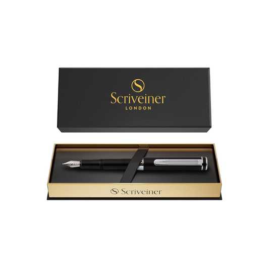 Scriveiner Luxury EDC Fountain Pen (Medium) Elegant Matte Black Pocket Pen 2-Chrome Finish Schmidt German Nib Converter Best Writing Pen Gift Set for Men and Women Elegant Stylish Office Designer Pen