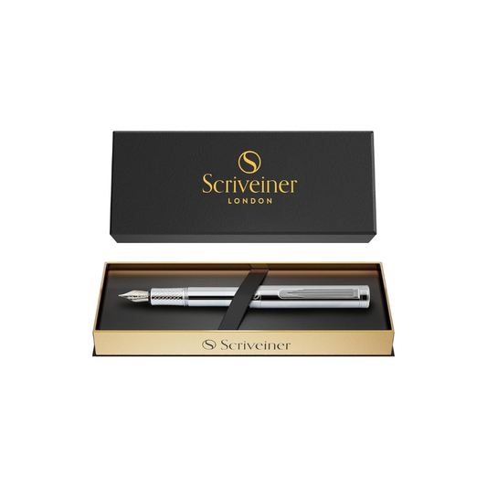 Scriveiner Luxury EDC Fountain Pen (Medium) Elegant and Substantial Pocket Pen Chrome Finish Schmidt German Nib Converter Best Writing Pen Gift Set for Men and Women Stylish Office Designer Pen