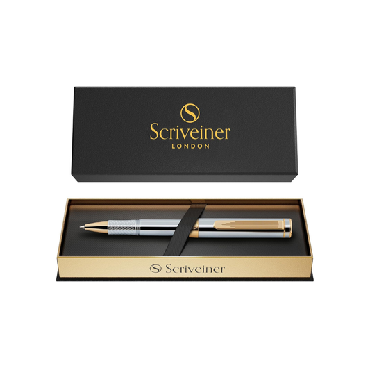 Scriveiner Silver Chrome Rollerball, Award Winning Luxury Pen, Heavy Pocket Pen, 24K Gold Finish, German Schmidt Refill, Best EDC Writing Pen Gift Set for Men & Women, Nice Designer Office Fancy Pen