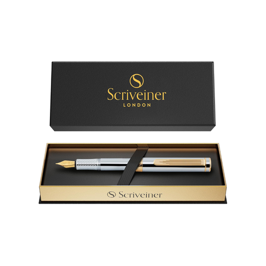 Scriveiner Luxury EDC Fountain Pen (Medium) Ornate Heavy Pocket Pen with 24K Finish Schmidt German Nib Converter Best Writing Pen Gift Set for Men Women Nice Stylish Office Designer Pen