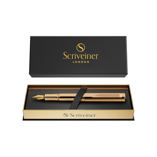 Scriveiner Gold Plated Fountain Pen (Medium Point), Award Winning Fine Pen, 24K Gold Finish Heavy Pocket Pen, Schmidt Nib with Converter, Best EDC Writing Pen Gift Set for Men and Women, Nice and