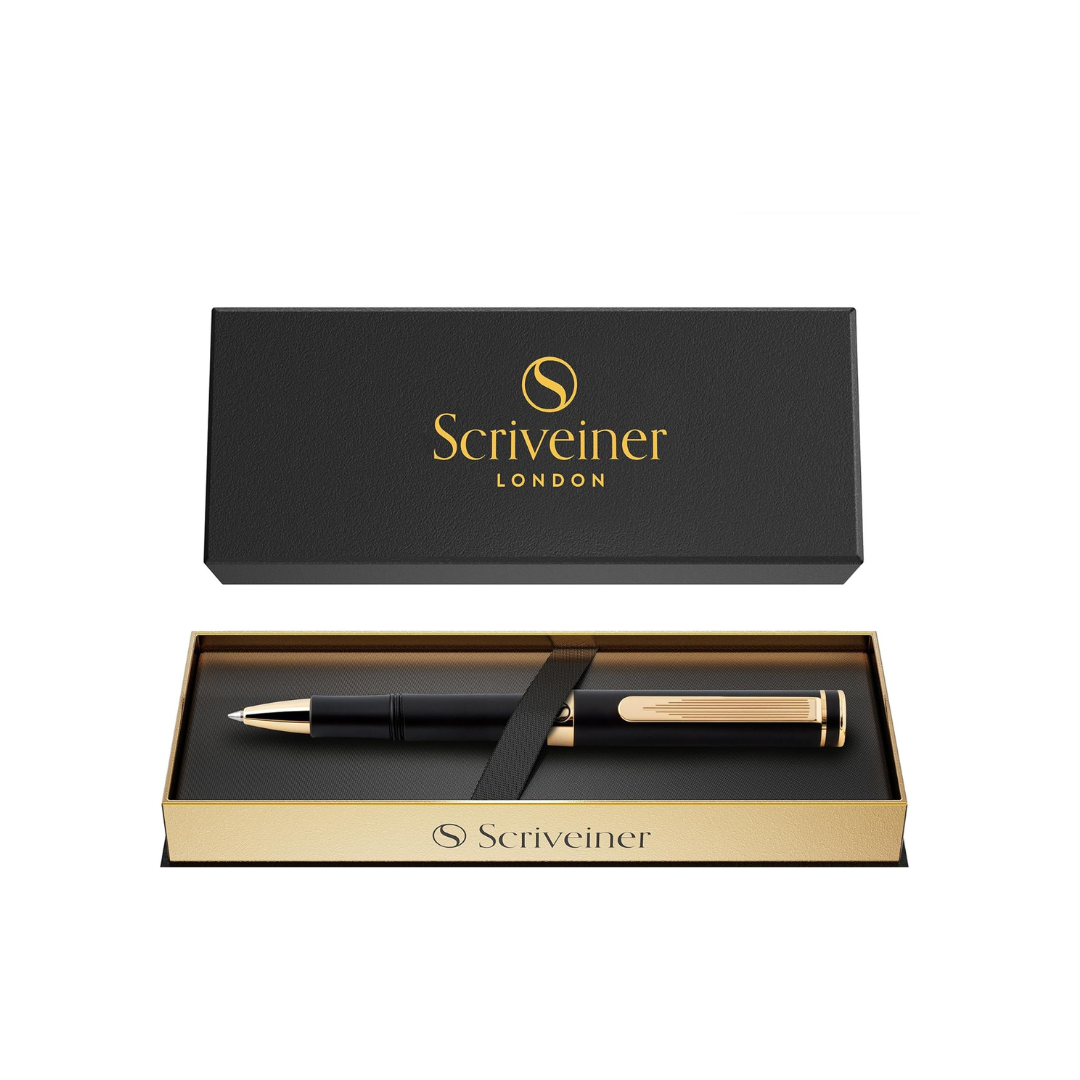 Scriveiner Black Rollerball EDC Luxury Pen, Stunning Pocket Pen with 24K Gold Finish, Cool Writing Pen, Best Pen Gift for Men, Women, German Schmidt Refill, Nice Present, Fancy Office Designer Pen Set
