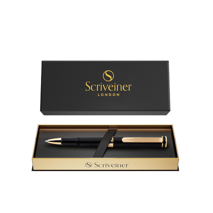 Scriveiner Black Rollerball EDC Luxury Pen, Stunning Pocket Pen with 24K Gold Finish, Cool Writing Pen, Best Pen Gift for Men, Women, German Schmidt Refill, Nice Present, Fancy Office Designer Pen Set