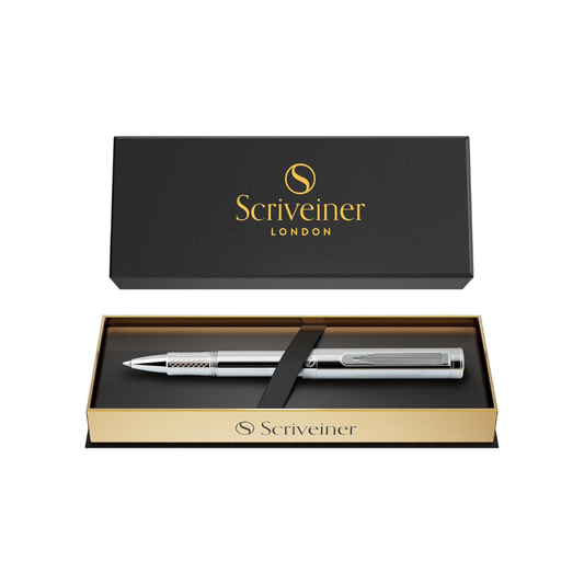 Scriveiner Silver Chrome Ballpoint Pen EDC Luxury Pen Glamorous Heavy Pocket Pen Chrome Finish Comfortable Writing Pen Best Pen for Men Women Gift German Schmidt Refill Nice Office Designer Pen Set