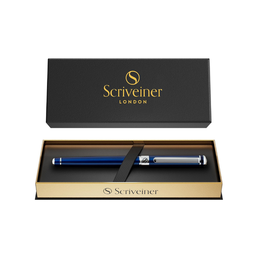 Scriveiner Luxury Rollerball Pen with Schmidt Ink Refill - Chrome Finish - Perfect Gift Set for Men, Women, Professionals, Executives, Office Use (Stunning Blue Midnight Blue)