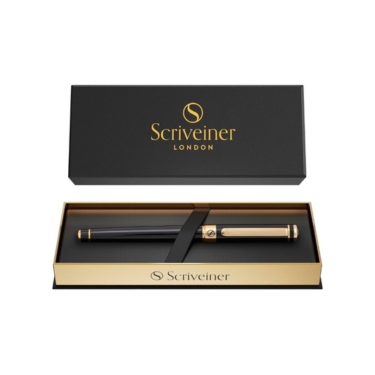 Scriveiner Luxury Rollerball Pen, 24k Gold Finish, Schmidt Ink Refill, Stunning Gift Set, Perfect for Men, Women, Professionals, Executives, Office Black, Stunning, Black Lacquer