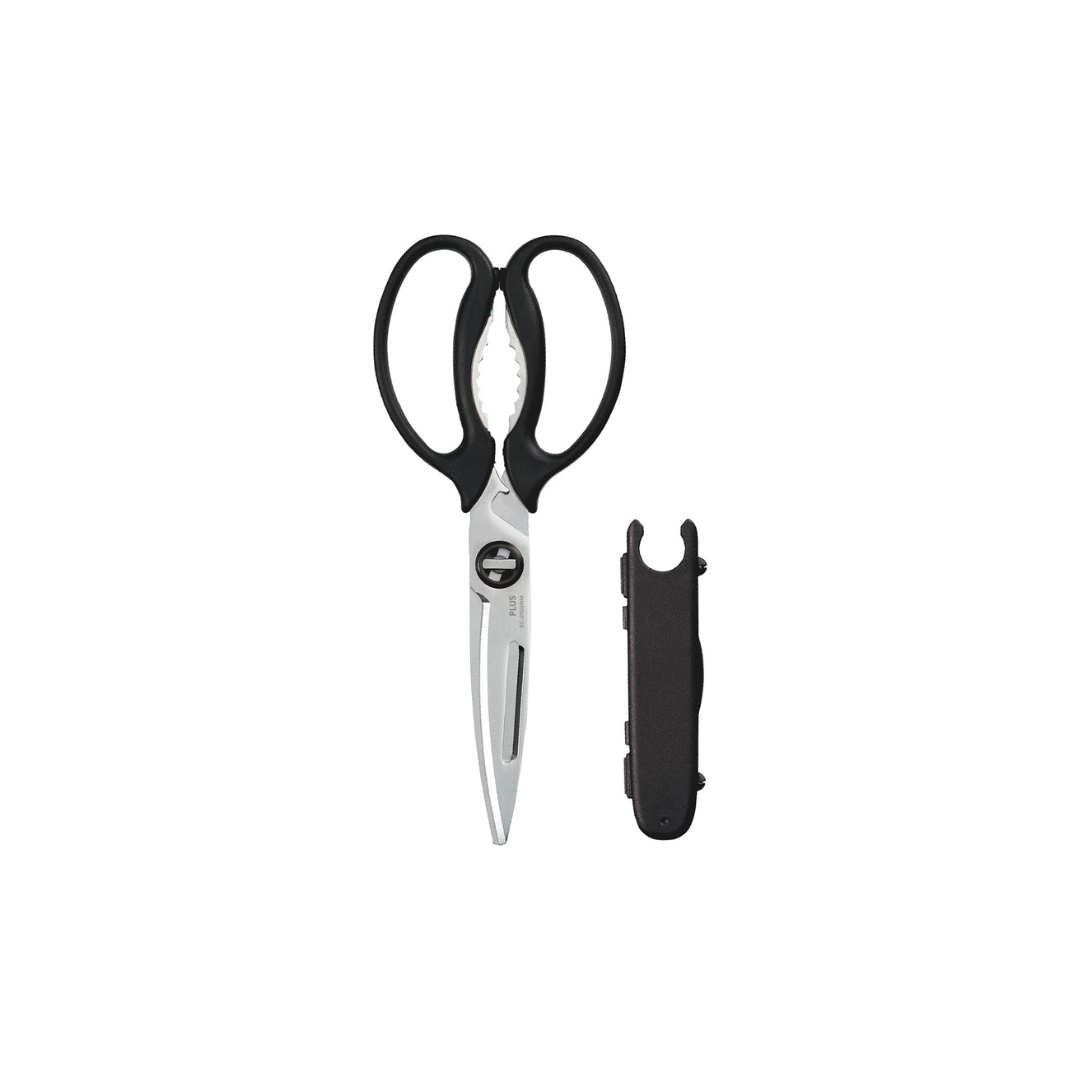 Plus SC-200SWM 35-710 Kitchen Scissors, Multifunctional (Peeler, Bottle Opener, Lid Opener, Knife), Dishwasher Safe, Stress Free Sharpness, Fit Cut Curve, Black