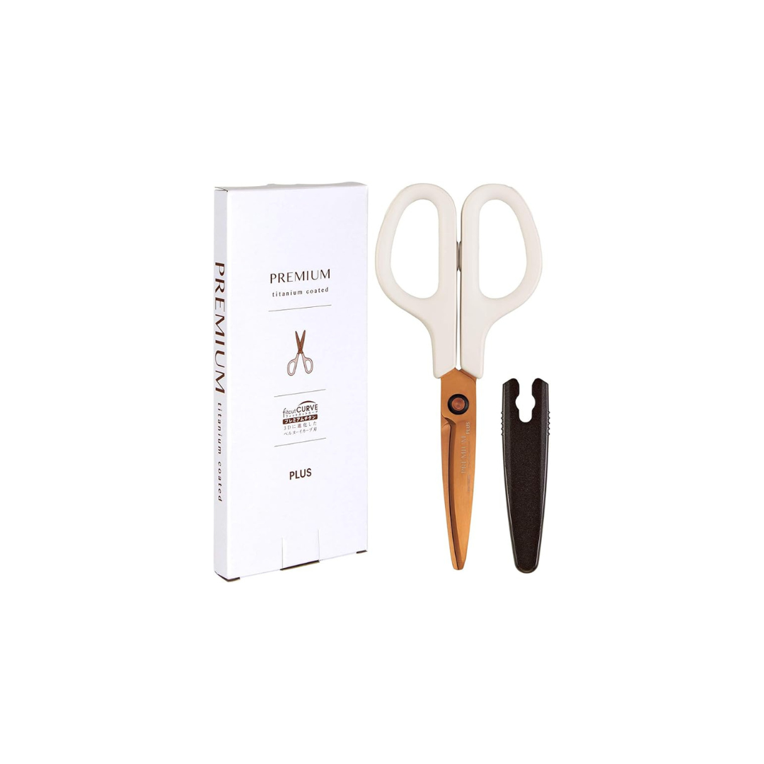 Plus 35-720 Scissors, Stain and Rust Resistant, Fit Cut Curve, Premium Titanium, Non-Sticky, 30°, Continuous Sharpness, Paper Box Packaging, Ivory