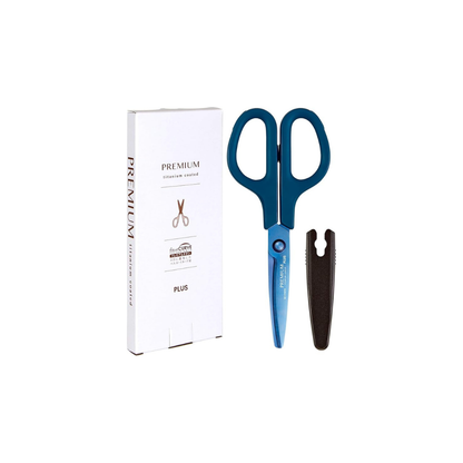 Plus 35-723 Scissors Fit Cut Curved Premium Titanium Non-Sticky 30 Degree Continuous Cutting Paper Box Packaging Navy