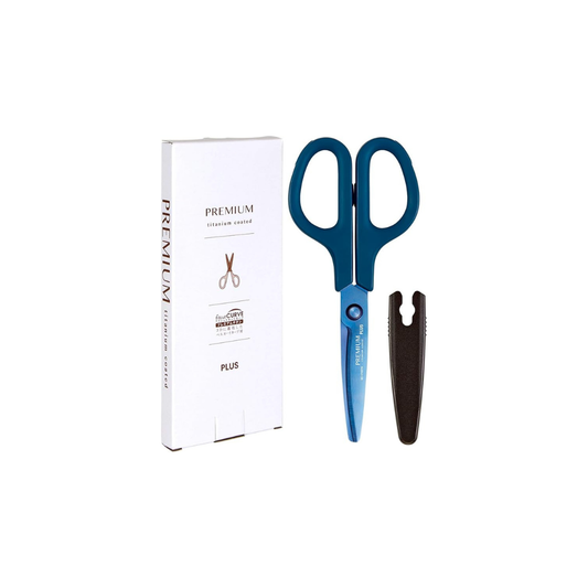 Plus 35-723 Scissors Fit Cut Curved Premium Titanium Non-Sticky 30 Degree Continuous Cutting Paper Box Packaging Navy