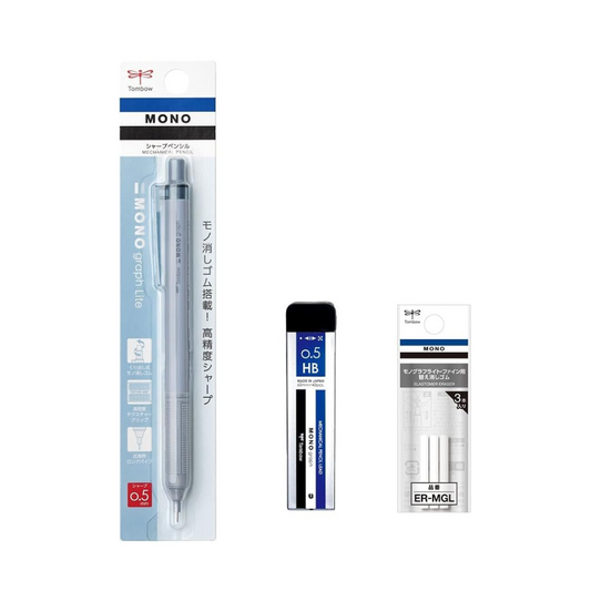Tombow PCB-321CAZ Mechanical Pencil Set (0.5 mm Mechanical Pencil, Mono Sharp Lead, Eraser Refill), Monograph Light, Gray Blue