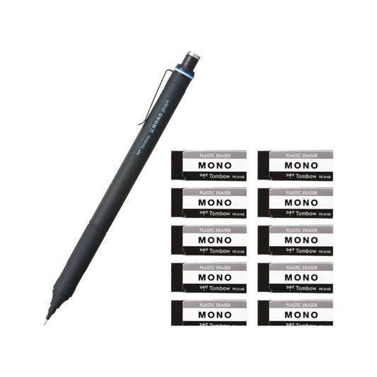 Tombow Pencil Sharp 0.3m MONO Monograph Fine Black DPA-111B + Eraser MONO Black S 10 Pcs JCC-073AZ